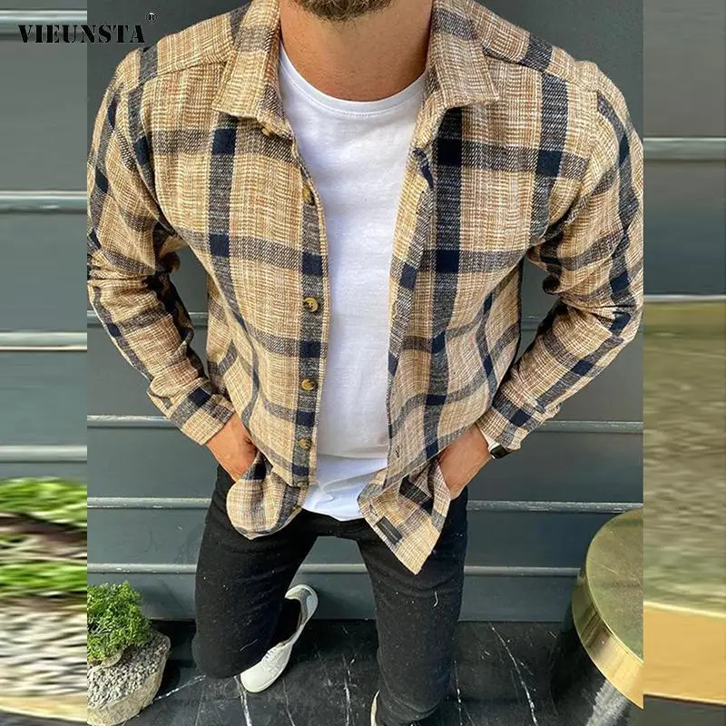 

Vintage Plaid Print Men Shirts Jacket 2022 Spring Single Breasted Button Tops Outerwears Autumn Turn-down Collar Casual Cardigan