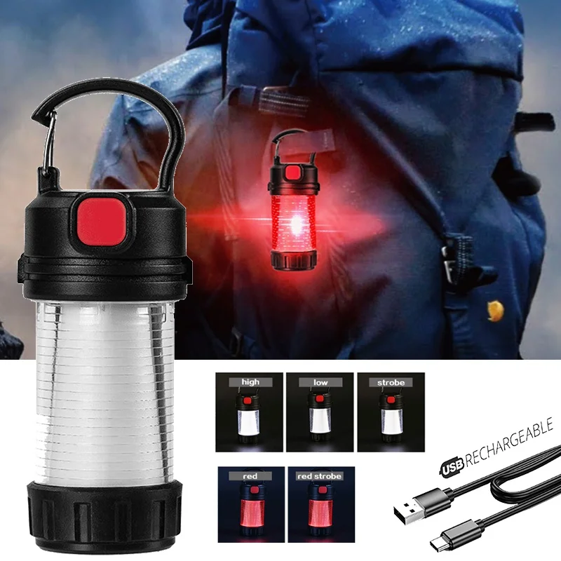 Portable 5 Light Modes Rechargeable Waterproof Red and White Light Mini Camping Lantern Emergency Light Battery Hook Hiking Lamp