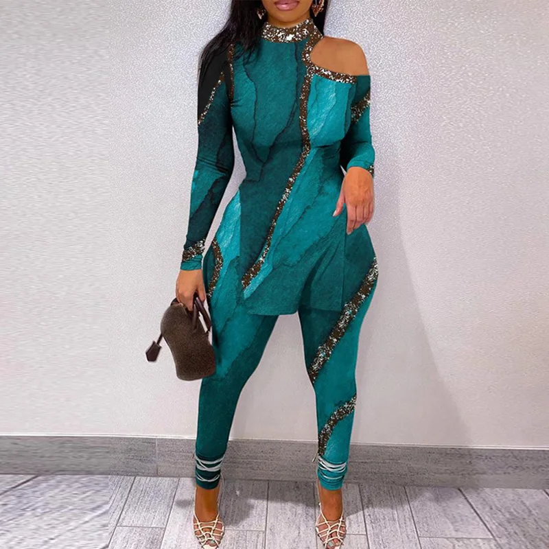 

Female Commuter Sequins Party Office Two Piece Suits For Women Clothes Outfits New Sexy Slash Neck Long Split Blouse Pant Sets