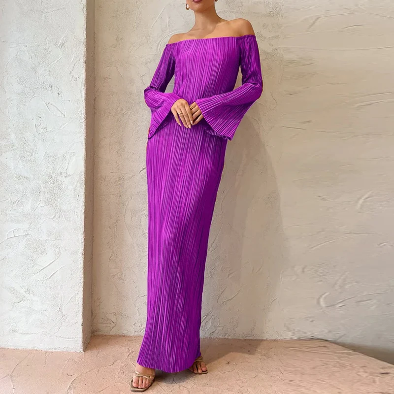 

Commuter Elegant Flare Sleeve Split Party Dress Fashion Women Solid Long Dress Sexy Pleat Folded Off Shoulder Slim Bodycon Dress