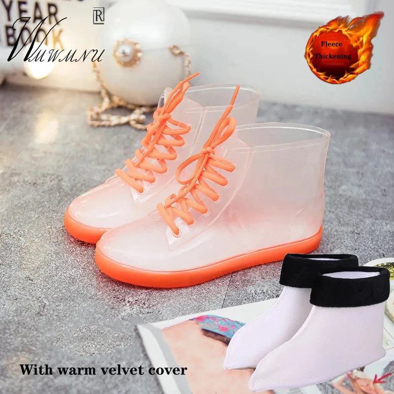 

Fashion Waterproof Lace-Up Platform Ankle Boots Jelly Transparent Women Rain Shoes Candy Colors Plush Cotton Rubber Short Boots
