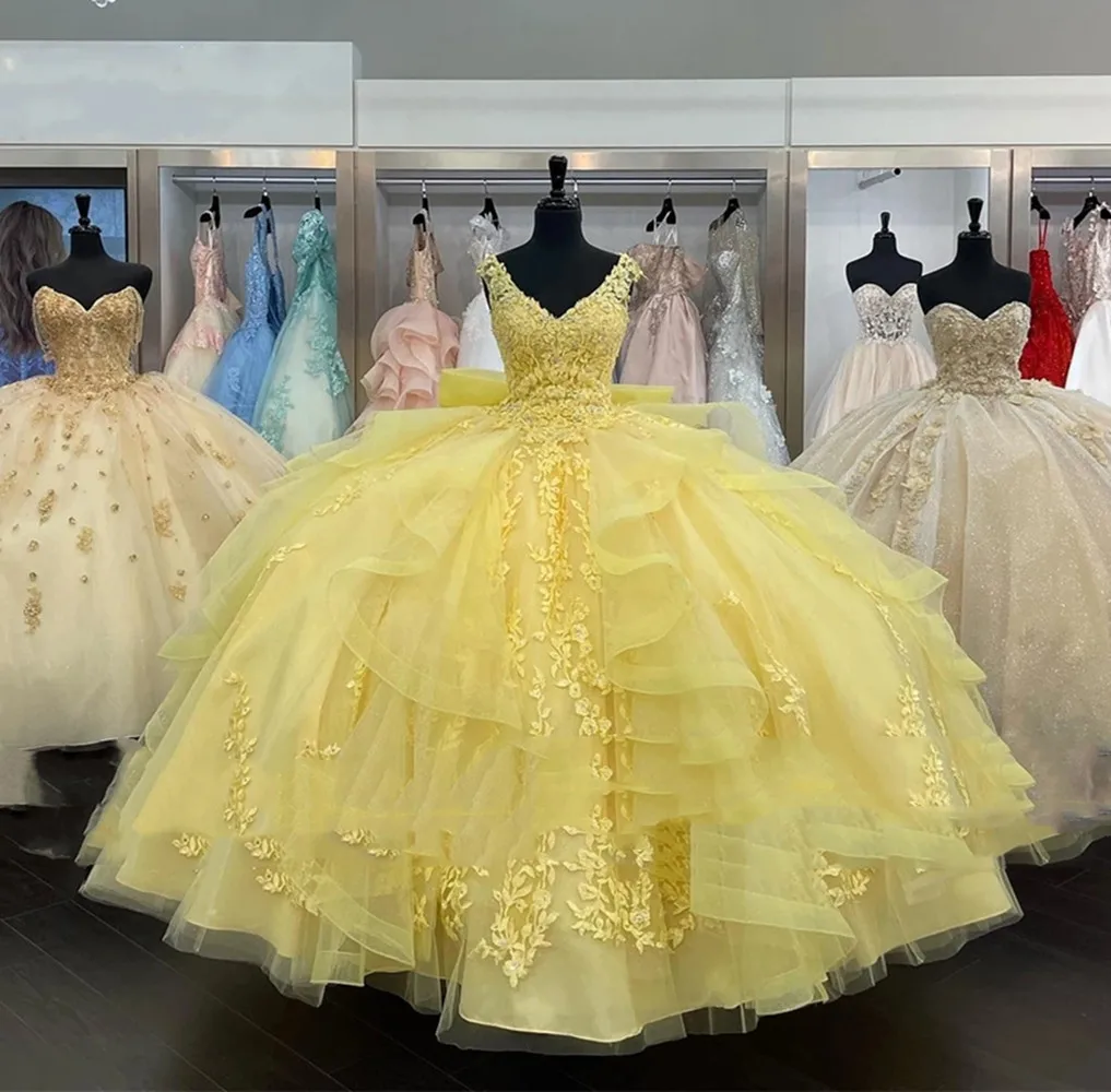 

Sunset Yellow Lace Quinceanera Dresses Sweet 16 17 Birthday Party Gowns Applique Ruffles Tulle Princess Vestido De 15 Anos