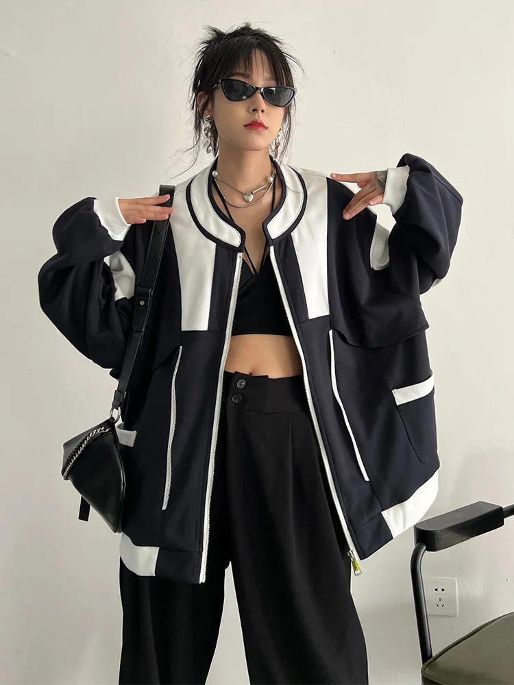 

Dark Blue Color-block Jacket New Stand Collar Long Sleeve Women Coat Fashion Tide Spring Autumn