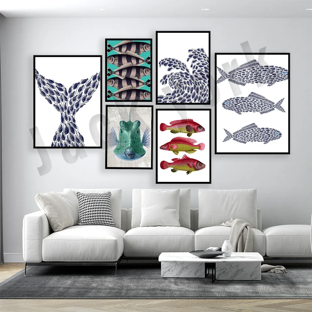 Рыбный принт Голубая рыба Морская Рыба джентльмена Риба Принт с хвостом русалки