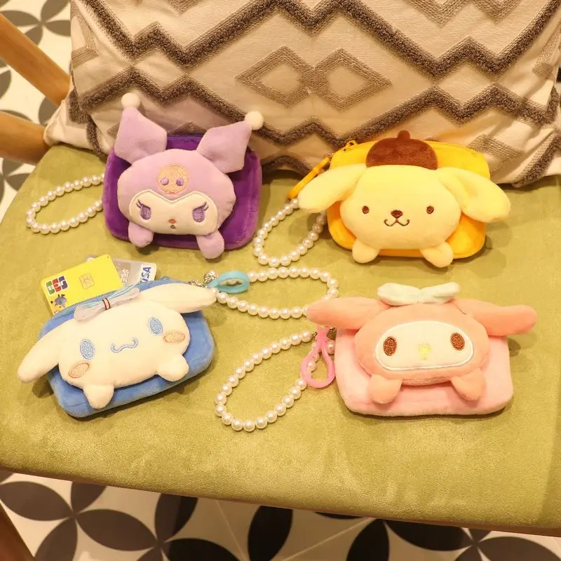 

Cartoon Coin Purse Kawaii Kuromi My Melody Cinnamoroll Anime Plush Bag Ornament Card Pearl Lanyard Wallet Storage Container Gift