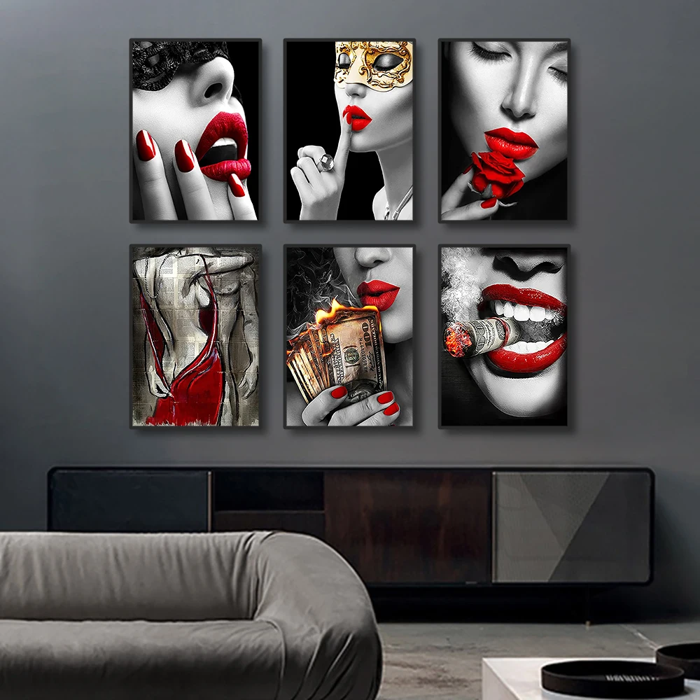 Современный стиль красные губы и пламя абстрактная картина на холсте