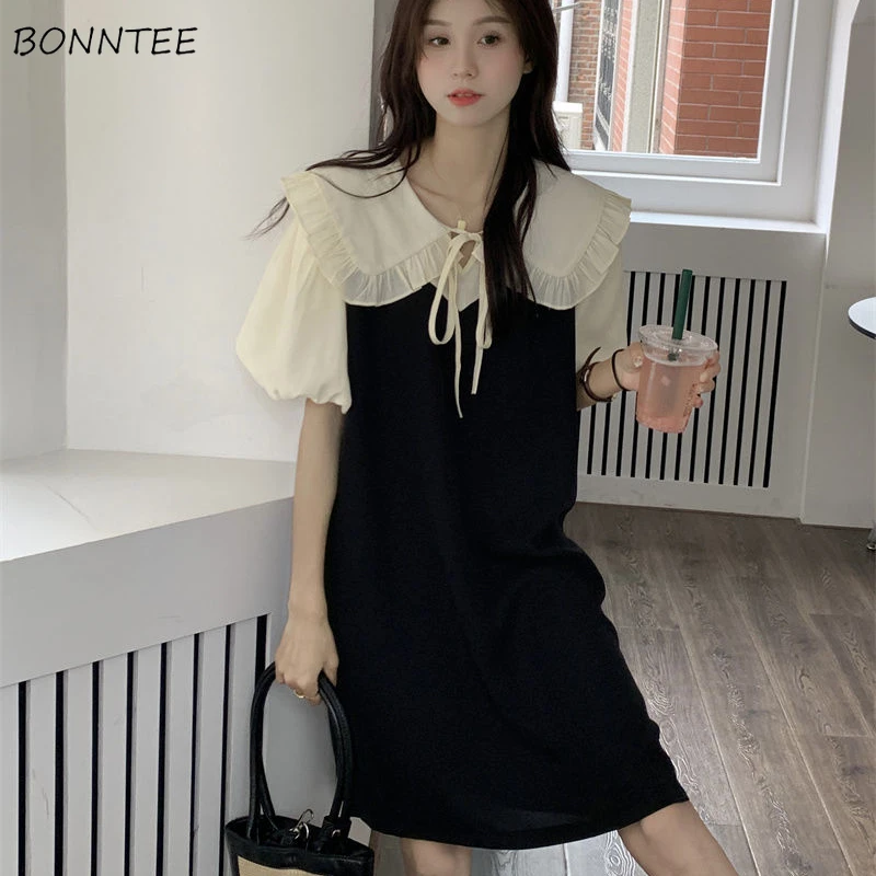 

Dresses Women Kawaii Stylish Preppy Style Sweet Ladies Summer Fake Two Piece Design Mujer Popular Dating Vestidos Puff Sleeve