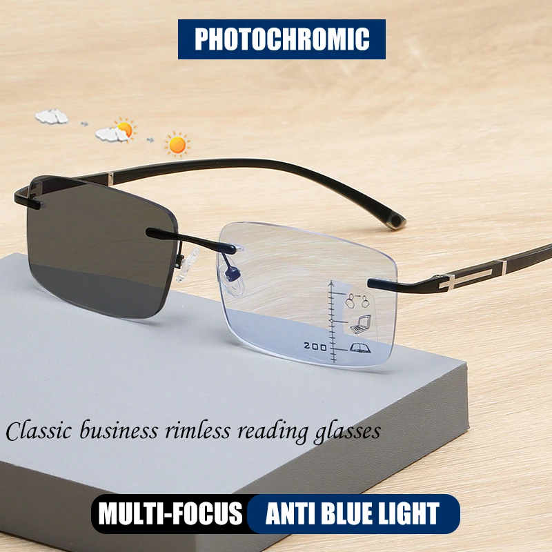 

HUYING Classics Rimless Cutting Progressive Multifocal Photochromic Reading Glasses Men Anti-Blue Ray Business Eyewear