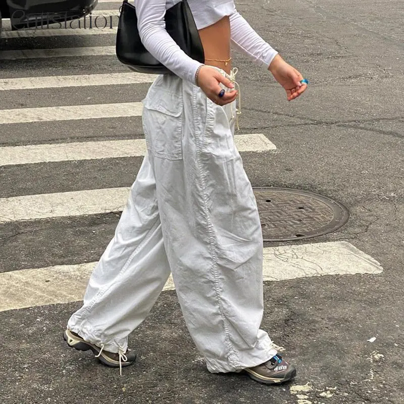 

Cutistation Low Rise Drawstring Parachute Pants Women 2022 White Casual y2k Oversized Sweatpants Streetwear Bella Sexy Trousers