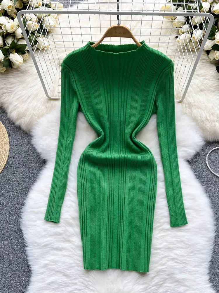 

Foamlina Casual Women Sweater Dress 2022 New Fashion Spring Autumn Solid O-neck Long Sleeve Slim Fit Mini Bodycon Knitted Dress