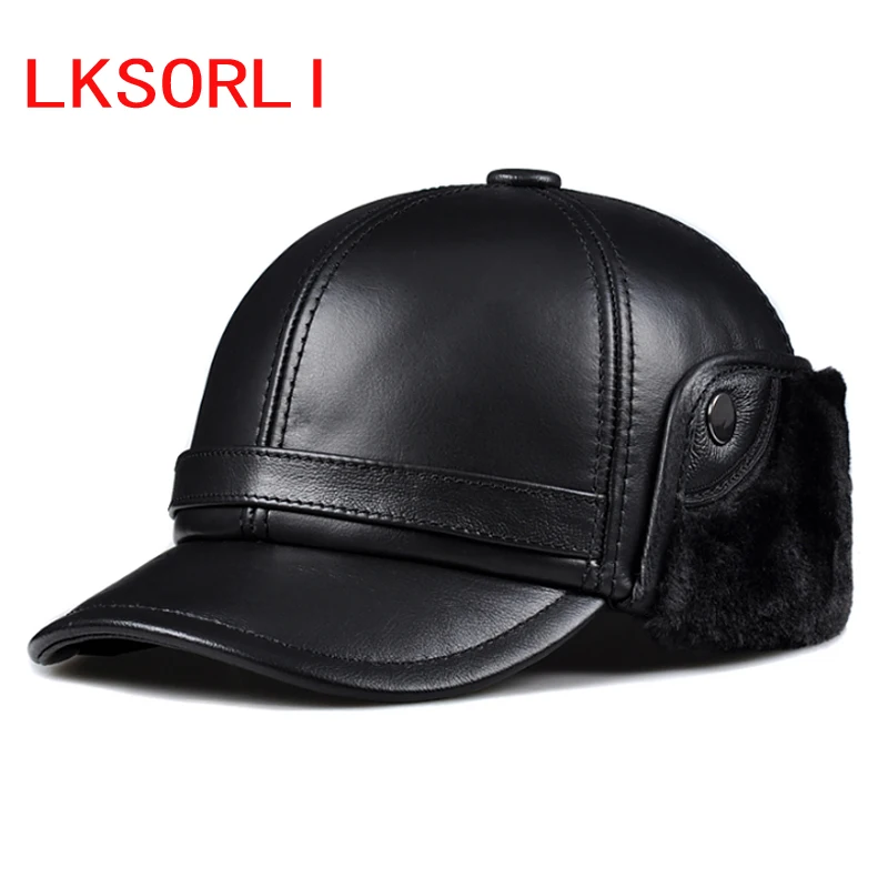 

Winter Men's Hat Thicken Real Leather Sheepskin Baseball Caps With Ears Warm Snapback Dad's Hats Sombrero De Cuero Del Hombre