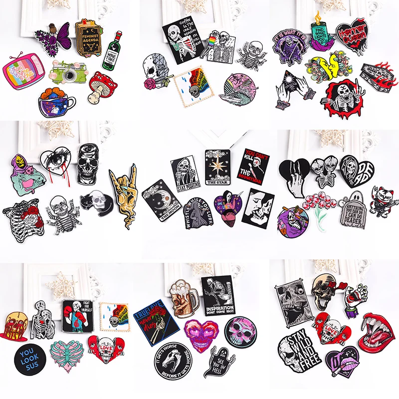 Оптовая продажа, разные стили, набор патчей, термоклейкие патчи для одежды, наклейки на одежду, Череп, шитье своими руками