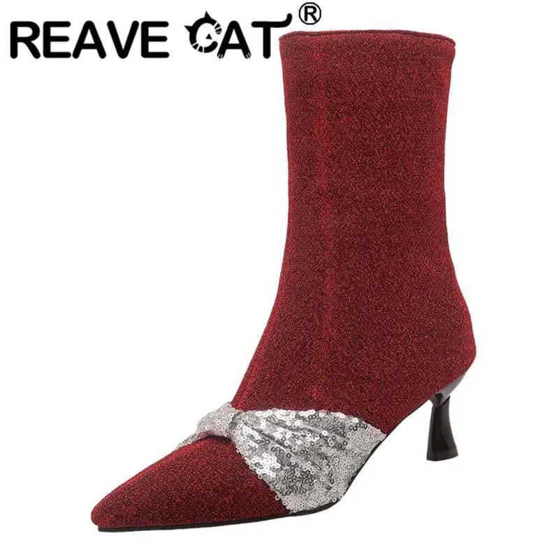 

REAVE CAT Design Shoes Ladies Mid Calf Boots 20cm Strange Heels 5.5cm Zipper Glitter Plus Size 46 47 48 Fashion Dating Booties