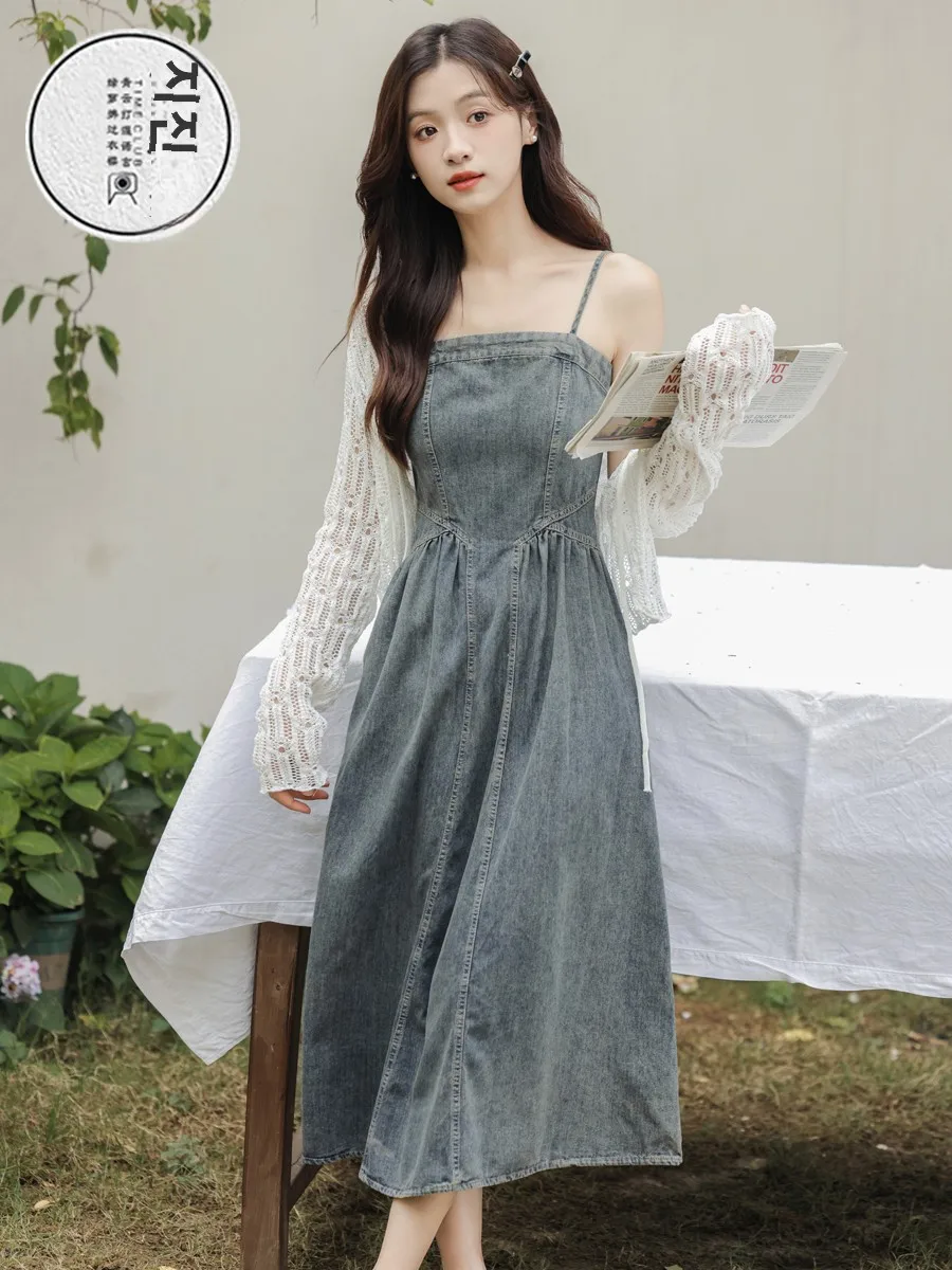 Новая летняя джинсовая юбка на подтяжках во французском стиле эластичная