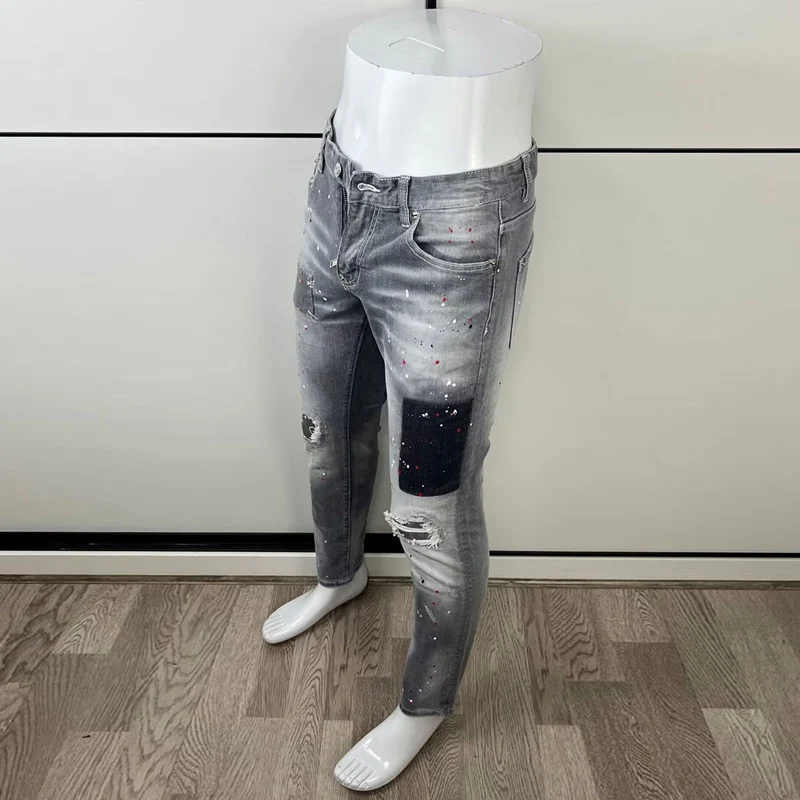 Street Fashion Men Jeans Retro Gray Elastic Painted Skinny Fit Hole Ripped Jeans Men Patched Designer Hip Hop Brand Pants Hombre
