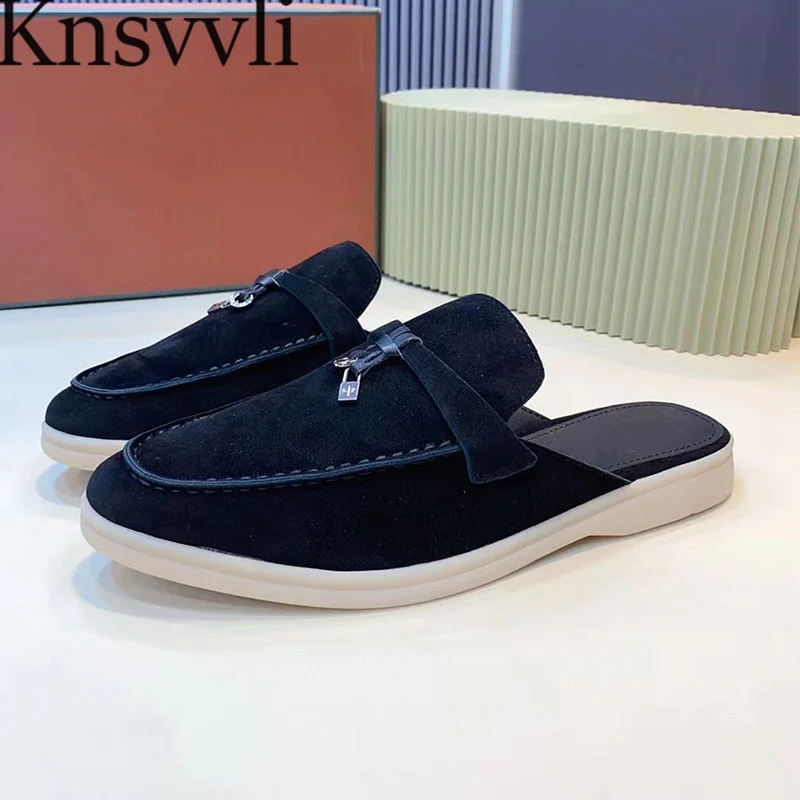 

Шлепанцы унисекс замшевые, коровья кожа, металлический декор, круглый носок, плоская подошва, повседневные удобные тапочки, осень