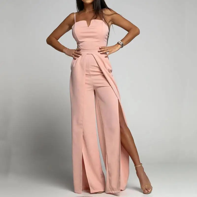 

Elegant Office Lady High Waist Slim Romper Sexy V Neck Sling Solid Jumpsuit Fashion Off Shoulder Split Wide Leg Jumpsuit Overall