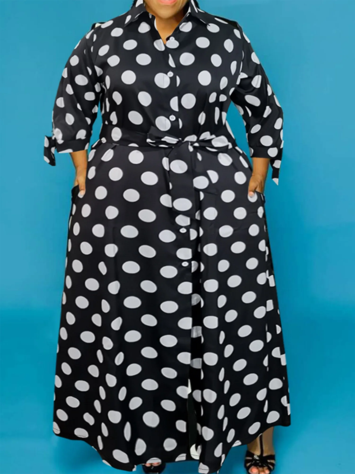 

LW Oversize Trendy Dot Print Dress Elegant A Line Shirt Dresses 3/4 Sleeve Tie Waist Loose Fit Vestido Business Women Clothing