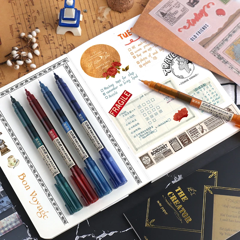 5 pcs High Capacity Straight Liquid Gel Pen DS-904 Quick Dry Vintage Colour Ink 10 Colors Set 0.5mm Needle Shaped Nib Handbook |