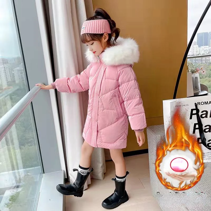 

-30 Degrees Winter Girls Down Cotton Jacket for Child Middle Long Thickened Parkas Faux Fur Collar Hooded Outerwear Kid Coats