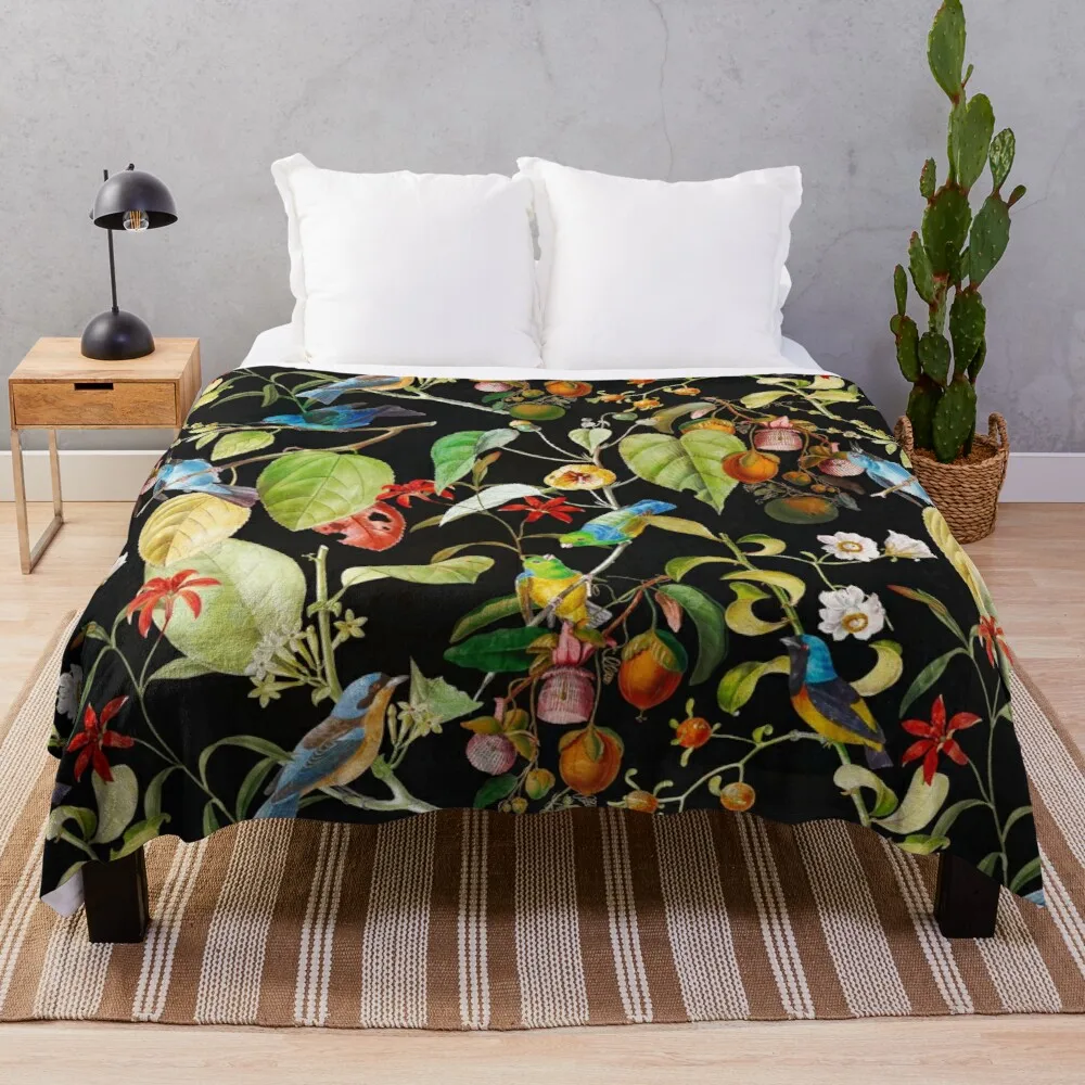

Vintage tropical sing birds and fruits pattern black Throw Blanket Nap Blanket