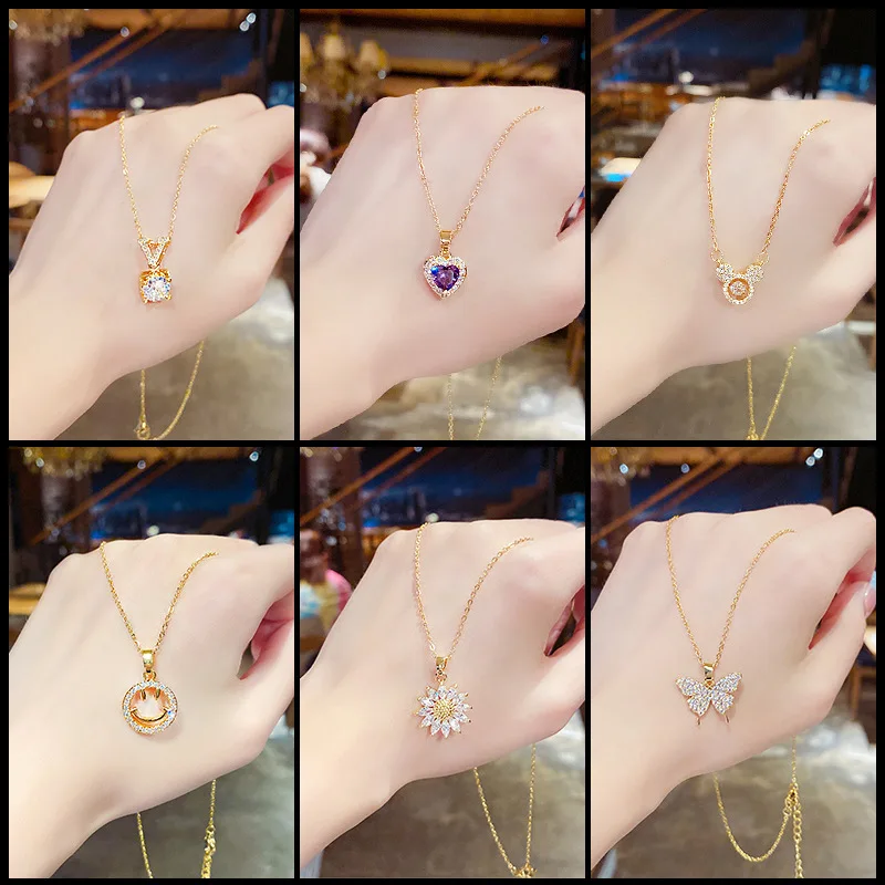 

Gold Plated Chain Necklace Crystal Diamond Moon Stars Pendant Fashion Jewelry for Women