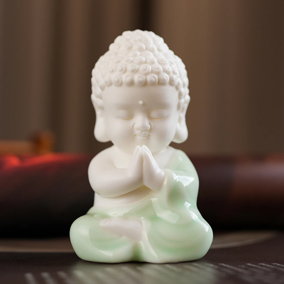 Chinese Zen Ceramic Small Buddha Ornaments Cute White Porcelain Crafts Buddhist Home Furnishings Living Room Office Decorations