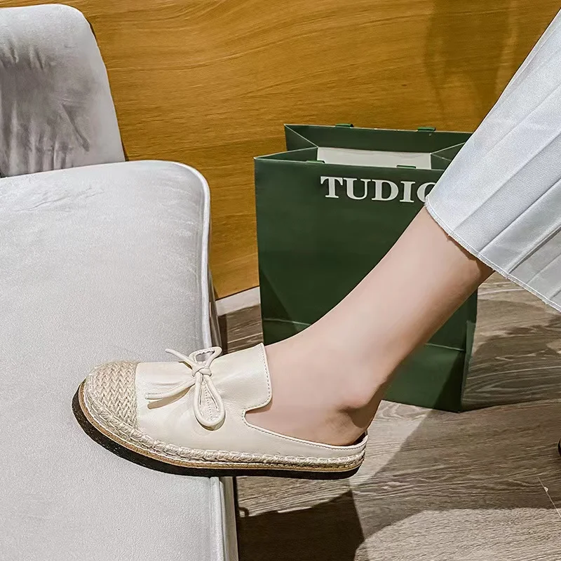 Summer New Grass Woven Women's Half Slippers Fisherman Muller Shoes Rubber Sole Breathable and Comfortable Large