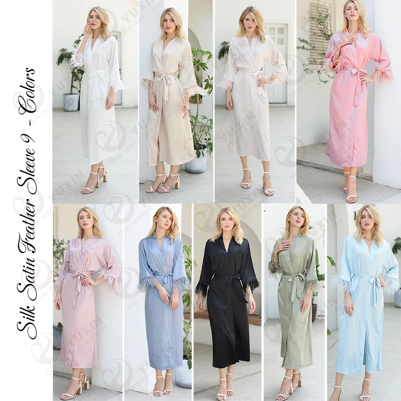 Silk Satin Feather Sleeve Robe Women Long Satin Robe Bridal Robe Bridesmaid Robes Lace Robe Wedding Robe Bathrobe Long Robe