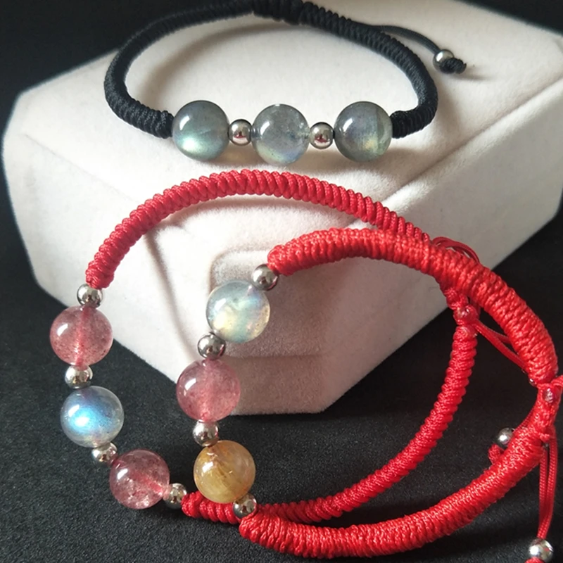 

Плетеная веревка ручной работы, браслет на удачу с красной нитью, браслет с лунным камнем/клубничным кристаллом для девочек, ювелирные изде...