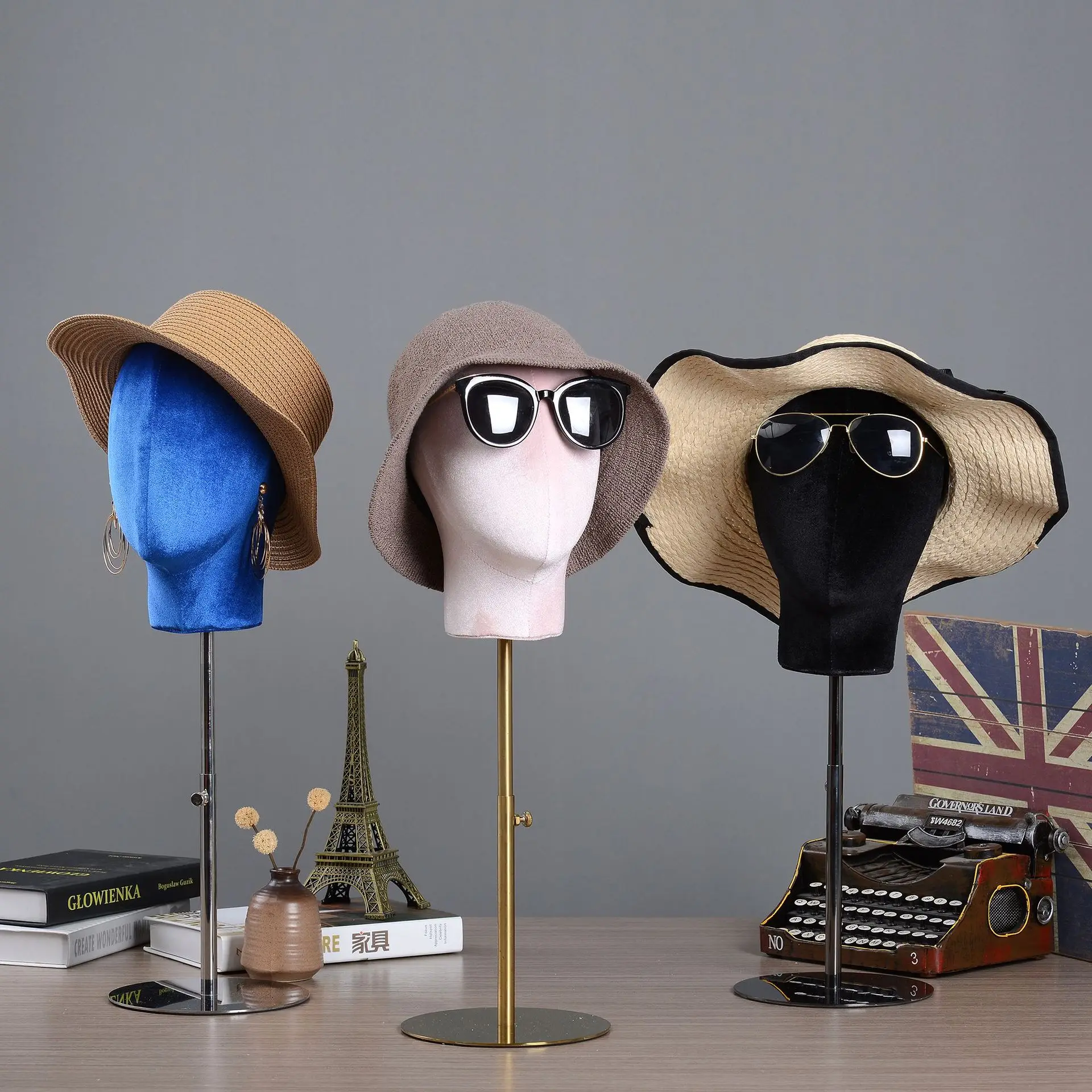 Velvet Fabric Cover Mannequin Head with Iron/Metal Base for Hat Glasses Wigs Making Manikin Display