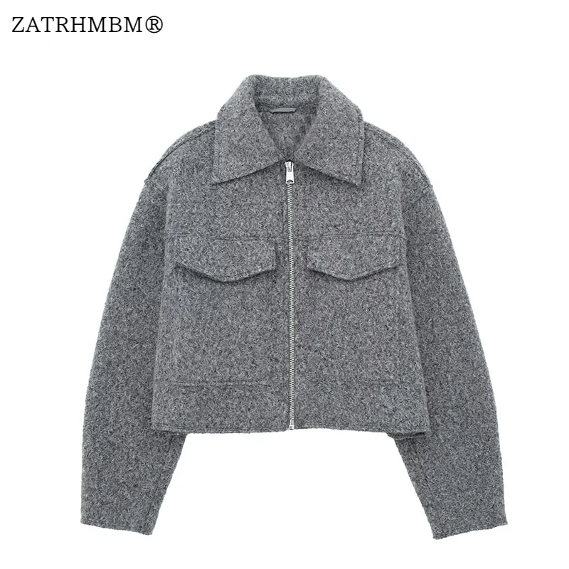 

ZATRHMBM Women 2023 Autumn Fashion Short Style Gray Jackets Coat Vintage Long Sleeve Patch Pocket Female Outerwear Chic Tops