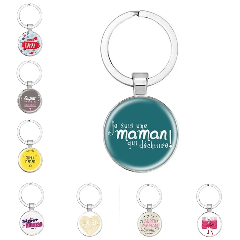 

2020 France Je Suis Une Super Mama Keychain Silver Glass Gem Metal Super Mama Keyring Holder Mother's Holiday Gift