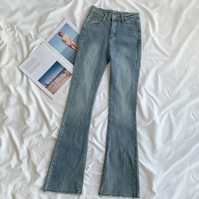 

2022 Women's Flare Jeans Streetwear Vintage High Waist Burrs Denim Pants Spring Autumn New All-Match Slim Trousers