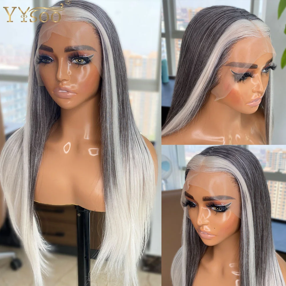 YYsoo Long 13x4 Futura Synthetic Lace Front Wigs For Women Silky Straight 4T60# Baylayage Glueless Half Hand Tied Highlights Wig
