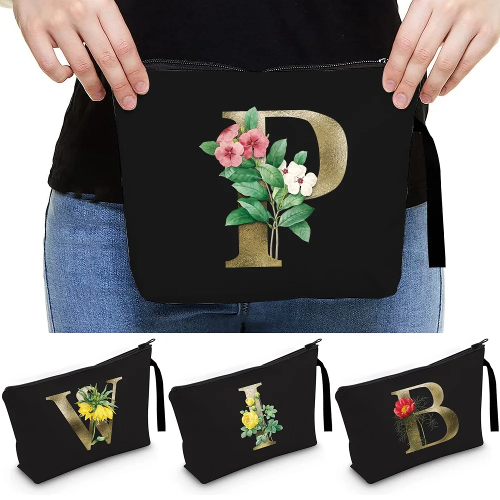 

Women New Golden Flower Letter Bridesmaid Cosmetic Bag Makeup Case Beauty Personal Hygiene Organizer Washing Travel Storage Bags