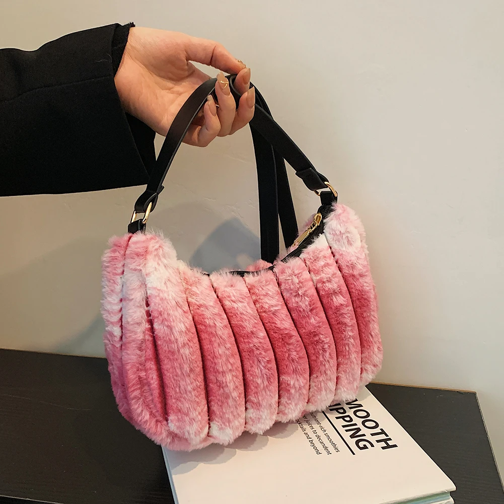 

Женская плюшевая сумка на плечо, плиссированная сумка градиентного цвета, осенне-зимняя пушистая Сумочка, полуоригинальные сумки, кошельки...