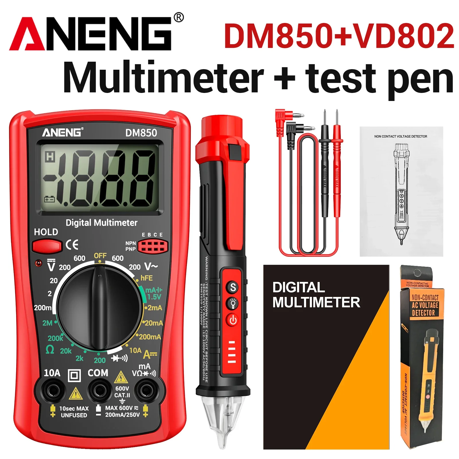 Мультиметр ANENG DM850 + тестер напряжения VD802 NCV, набор инструментов для электрика, измеритель переменногопостоянного тока, сопротивления, диодов и обрыва цепи. (art.: 3920dd0c139e2) - 3920dd0c139e2