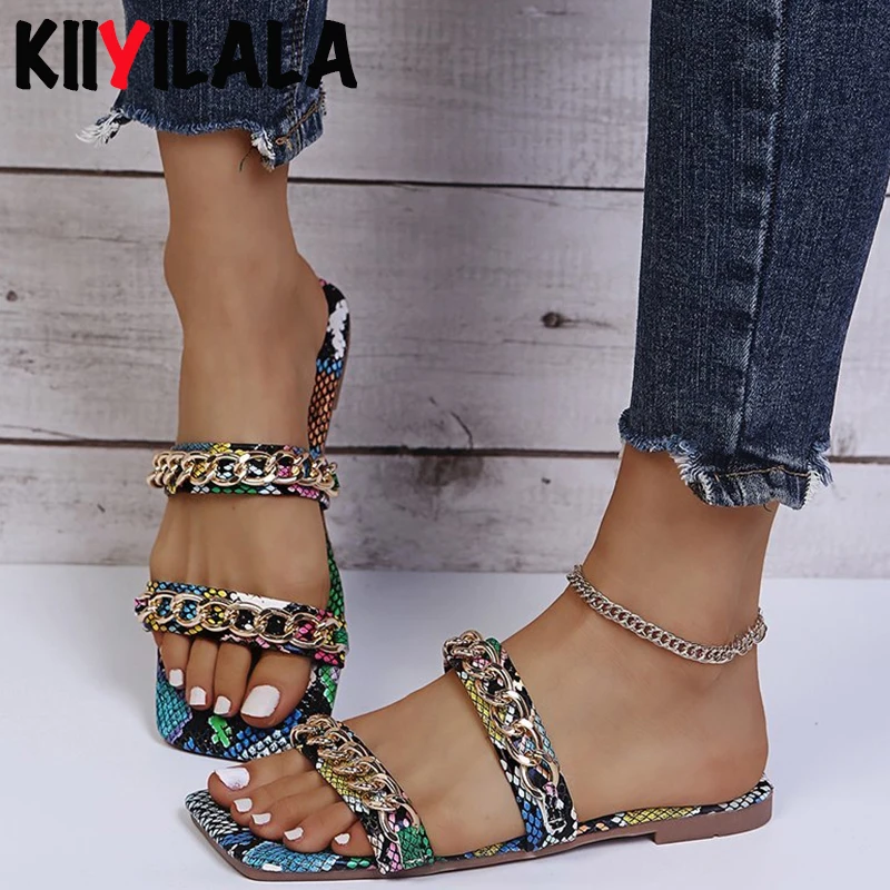 

Женские летние тапочки Kiiyilala 2022 на плоской подошве, обувь с металлическим украшением и принтом животных, модная резиновая удобная подошва, большой размер 43