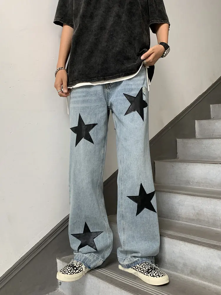 

Stars Vintage Jeans Men Loose Wide-leg Straight Trousers Women Hole Pants Autumn 2022 New Korean High Street Hip-hop Style Trend
