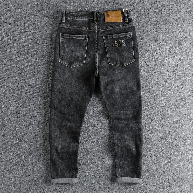 Embroidered letters washed retro black gray jeans men's autumn and winter European and American trend cotton elastic slim small