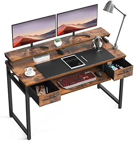 

Desk with Keyboard Tray and Drawers, 55 inch Office Desk with Storage, Writing Desk with Monitor Shelf, Work Desk Workstation fo