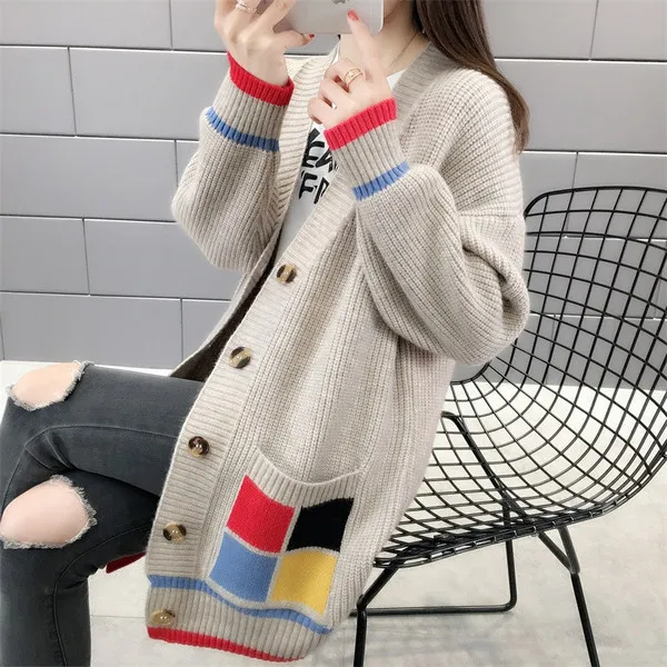 

Midi Sweater Women Long Sleeves Single Breasting Cardigans Fashion Print Knitwear Loose Casual Thick Sweater Woman Winter 2022