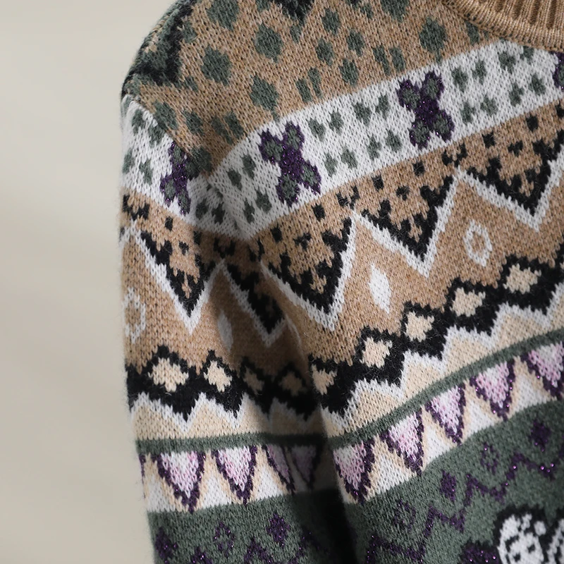 [Yi] Свободный свитер из хлопковой шерсти в стиле ретро с круглым вырезом 2024