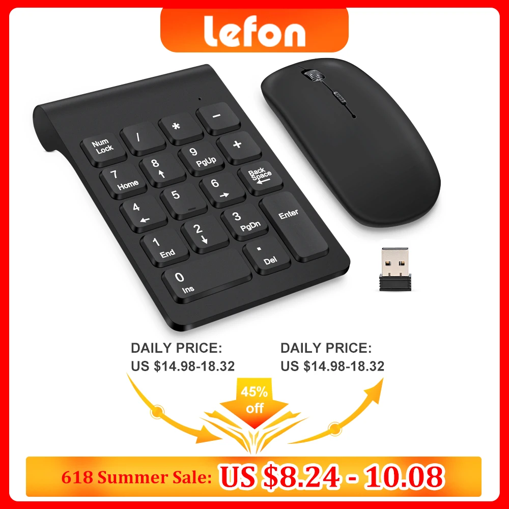 Lefon Wireless Keyboard Mini Digital Number Numeric Keypad Accounting Bank 18 Keys Keypad Mouse Set For Laptop PC Notebook