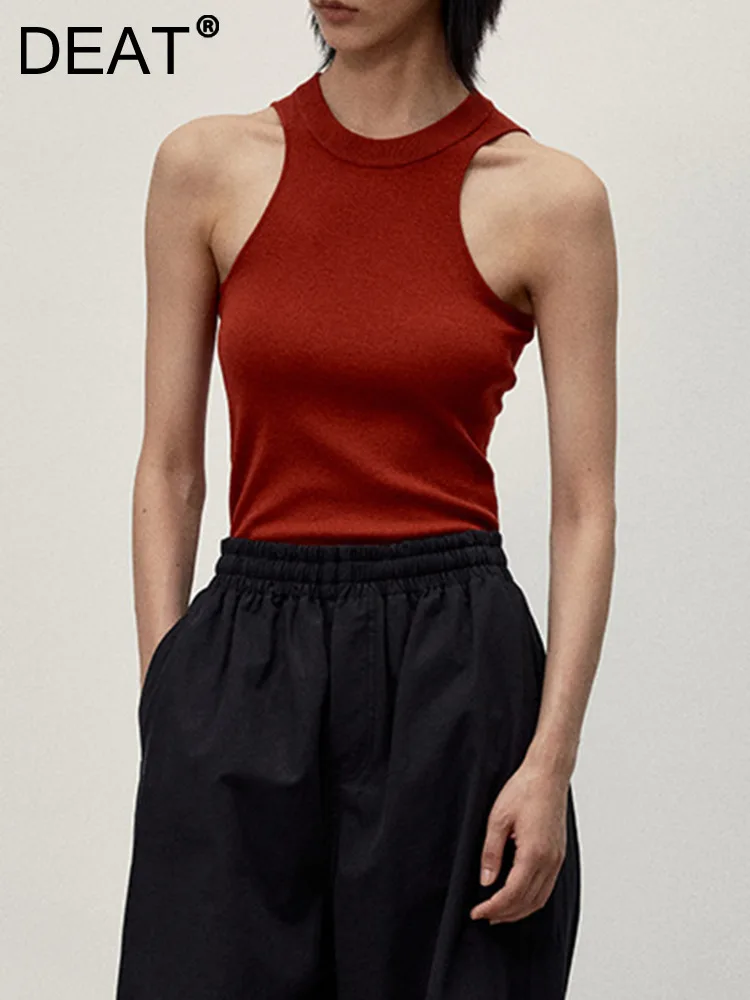 

DEAT Fashion Women Short Tank Tops Round Collar Sleeveless Solid Color Pullover Slim Wool Top Female Autumn 2023 New Tide 7AB498