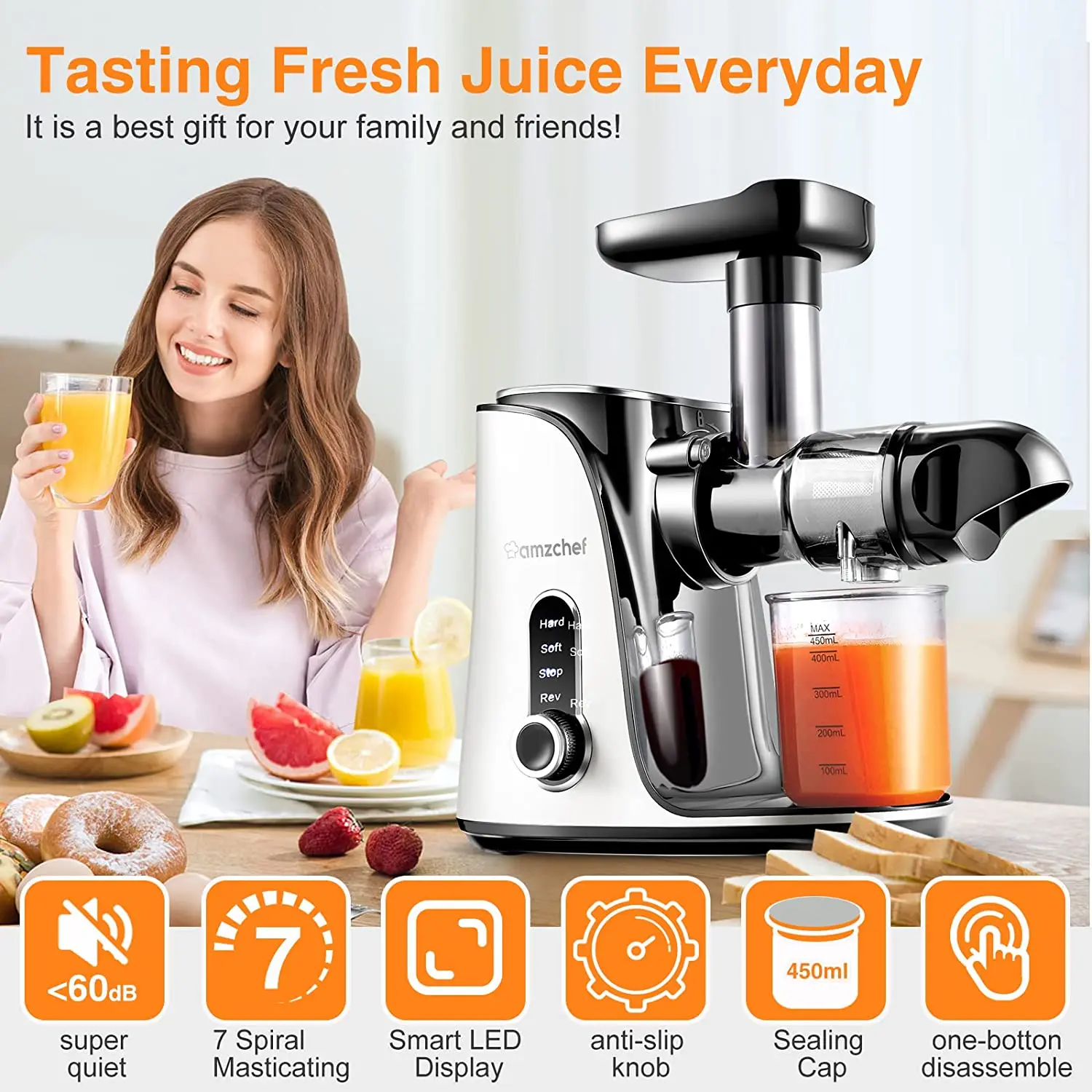 AMZCHEF Slow Masticating Juicer Slow Juicer Extractor Professional Machine Cold Press Juicer with Quiet Motor/Reverse Function images - 6