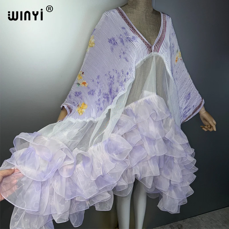 Фото Женское плиссированное макси-платье WINYI для вечеринок, с асимметричным дизайном и эффектом помятости, свободного кроя, сексуальное вечернее платье-пончо/халат №3