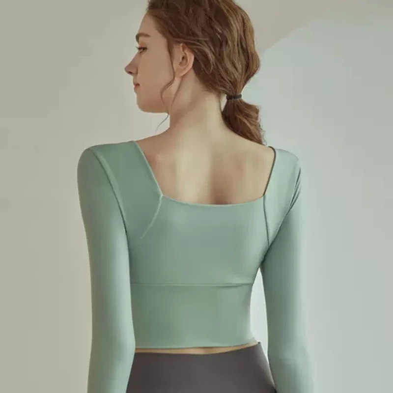 F.DYRAA U-neck Yoga Shirts For Women Long Sleeve Tight Crop Tops Gym Fitness Running Sports Tops With Thumb Holes Sportswear
