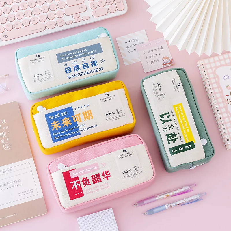 

Text Canvas Pencil Case Large Capacity Boys and Girls School Supplies Pencil Box Double-layer Stationery Storage Pencil Bags